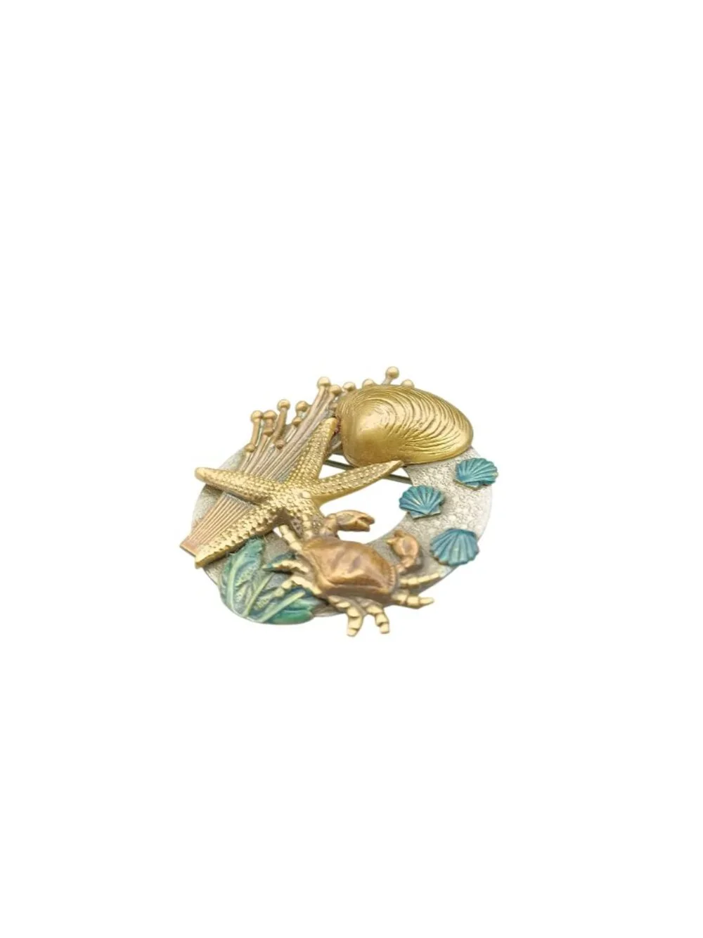 Vintage Coastal-Themed Gold & Enamel Brooch with Starfish Crab and Seashell Clam